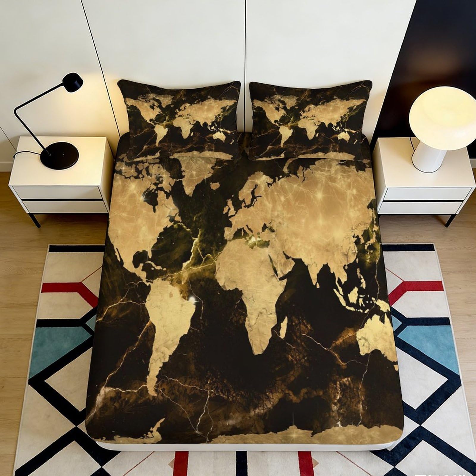 3D Printed Vintage World Map Fitted Sheet Microfiber Soft Breathable Marble Earth Bed Cover Bedroom Decor 90x200x25cm