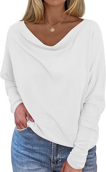 Okiwam Women's Fall Tops Long Batwing Sleeve Shirts Boat Neck Off The Shoulder Loose Tunic Blouses 2025 Fashion Clothes