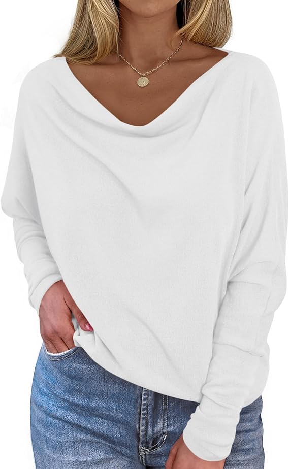 Okiwam Women's Fall Tops Long Batwing Sleeve Shirts Boat Neck Off The Shoulder Loose Tunic Blouses 2025 Fashion Clothes