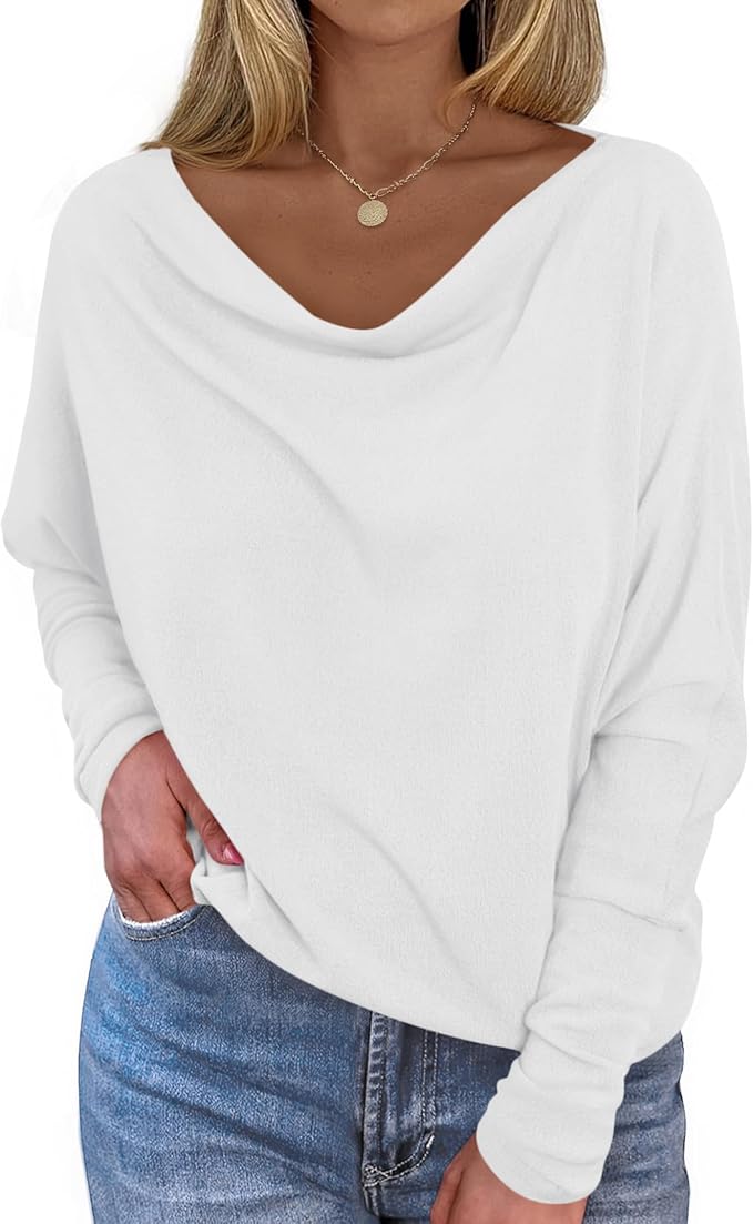 Okiwam Women's Fall Tops Long Batwing Sleeve Shirts Boat Neck Off The Shoulder Loose Tunic Blouses 2025 Fashion Clothes