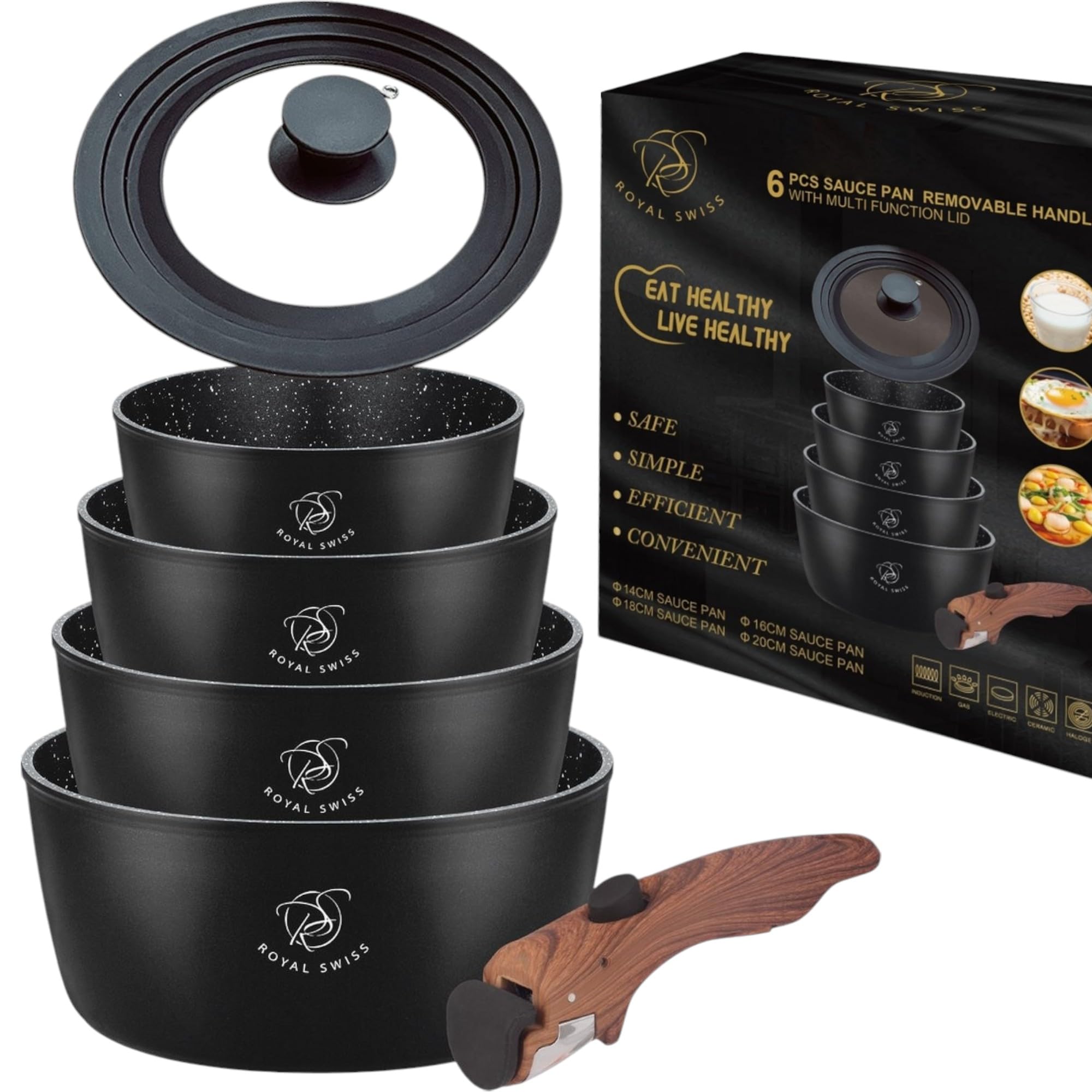 Royal Swiss 6 Piece Saucepan Set with Removable Handle – 14/16/18/20 cm Non Stick Pans with Universal Glass Lid – Induction Ready, Oven Safe, Stackable Cookware Set — image 1