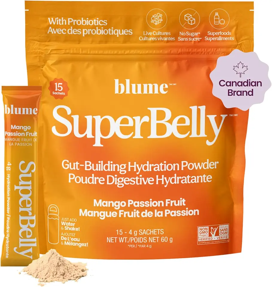 Blume SuperBelly Gut Health Hydration Packets, Sugar-Free, with Inulin Fibre, Probiotics, Apple Cider Vinegar, and Electrolytes, Mango Passion Fruit, 15 Sticks - Canadian Brand - As Seen on Dragons' Den