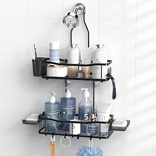 Rustproof Hanging Shower Caddy Over Shower Head - No Drill Bathroom Organizer with 2-Tier Shelves, Soap Holder & 8 Hooks, Black