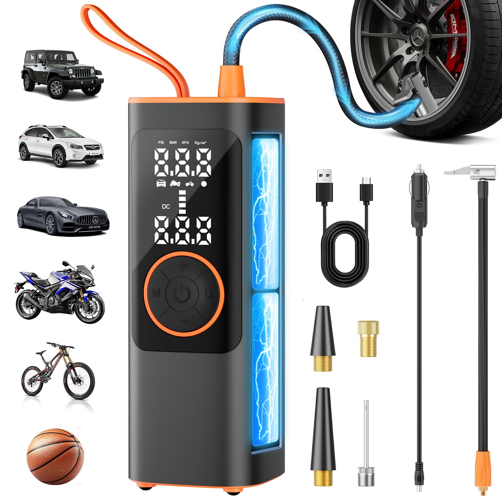 Hexnova Tire Inflator Portable Air Compressor, 150PSI Cordless & 12V DC Dual Power Tire Pump for Car Tires,Bike,Motorcycle, 8000mAh Battery, Digital