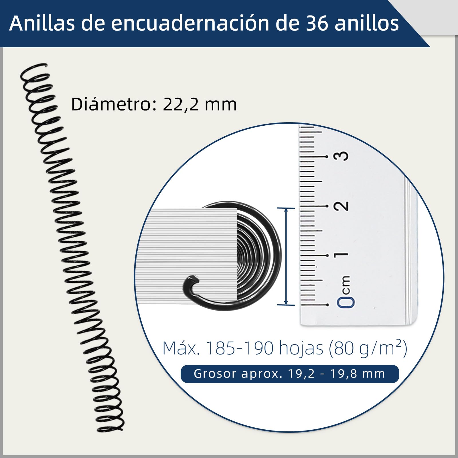 RAYSON Espirales Encuadernacion, 160 Hojas, 3:1, Paquete de 50 | Encuadernación espiral compatible 3:1 para oficina. Anillas plásticas flexibles para uso diario y organizar documentos