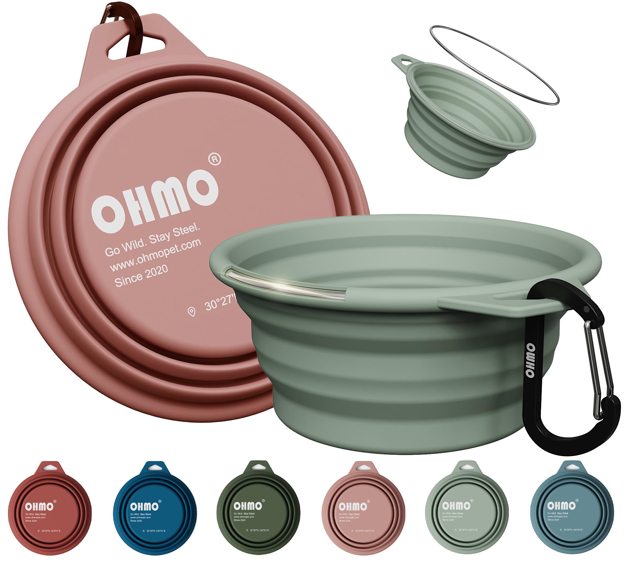 OHMO Miska dla psa składana z pierścieniem ze stali nierdzewnej, 2 sztuki, 350 ml, silikonowa miska dla psów i kotów, wytrzymała miska podróżna na kemping, wędrówki