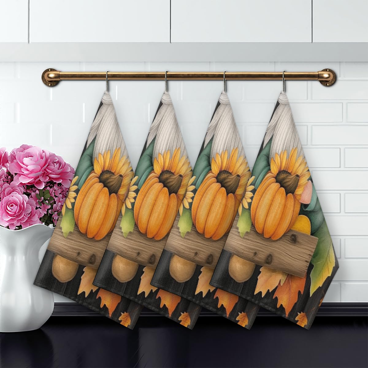 Paños de cocina de 45 x 72 cm, paños de cocina suaves y absorbentes de microfibra de secado rápido para baño, decoración del hogar, gnomos de girasol de Acción de Gracias, paquete de 4