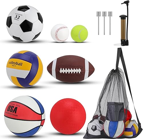 Miniatura 8 de 6 Pcs Sports Balls Set, Official Size Basketball Soccer Football Playground Ball Volleyball Baseball Tennis with Sports Equipment Bag Pump for Teen