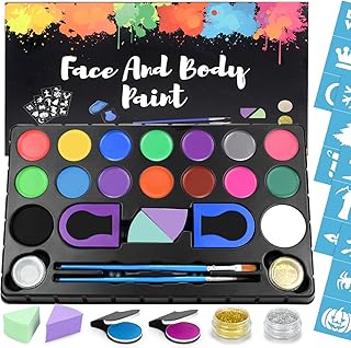 Greenmall Face Paint Kit for Kids - 24 Jumbo Stencils, 16 Large Water Based Paints, 2 Glitters for Halloween Makeup Kit, Professional Face Paint Palette