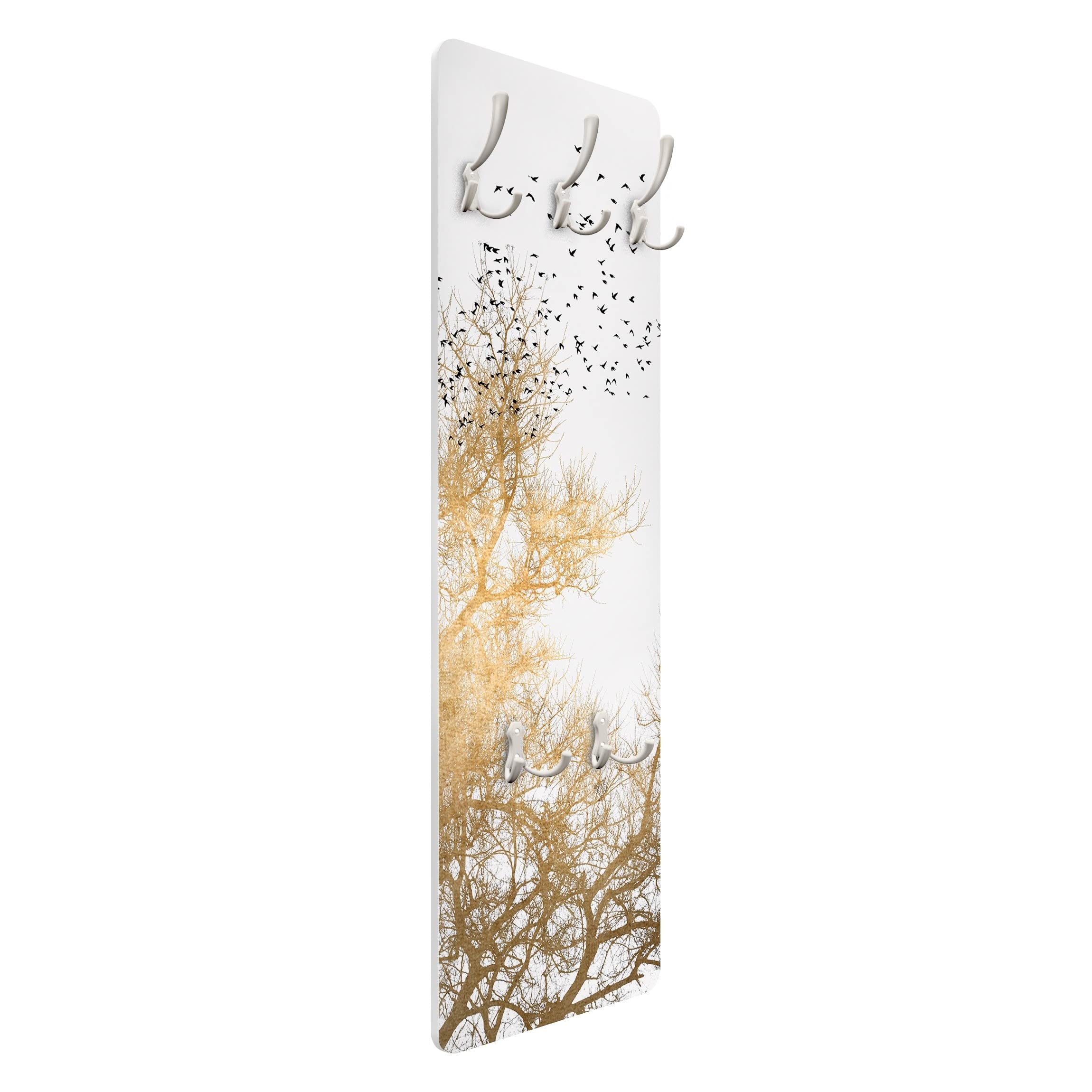 Wandgarderobe inkl. 5 Haken Wald Bäume platzsparendes Design - Made in Germany - Baum Kunstdruck Flurgarderobe gold schmal Garderobenpaneel 2933