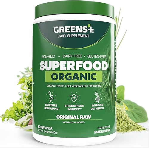 Greens+ Superalimento en polvo orgánico RAW, apoyo inmunológico súper mezcla, patada matutina, impulso de energía, nutrición vibrante salud,