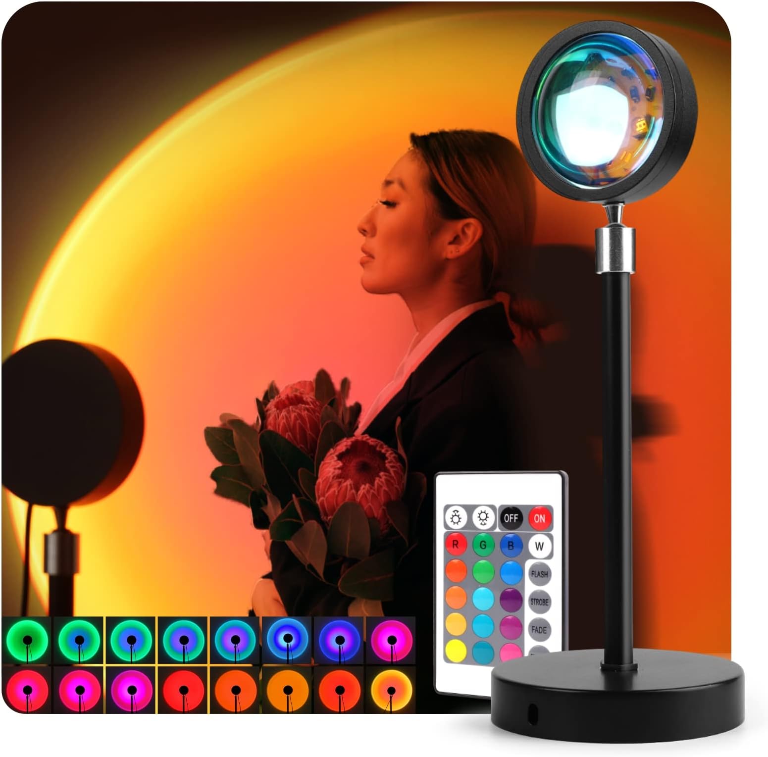 360° Rotatable Sunset Lamp, Baytion RGB 16 Colors & 4 Modes Remote LED Sunset Light Romantic Night Light For Bedroom Decor/Living Room/Kid's room/Photography/Party [ 1.42M USB Cable][ Plug and Play]