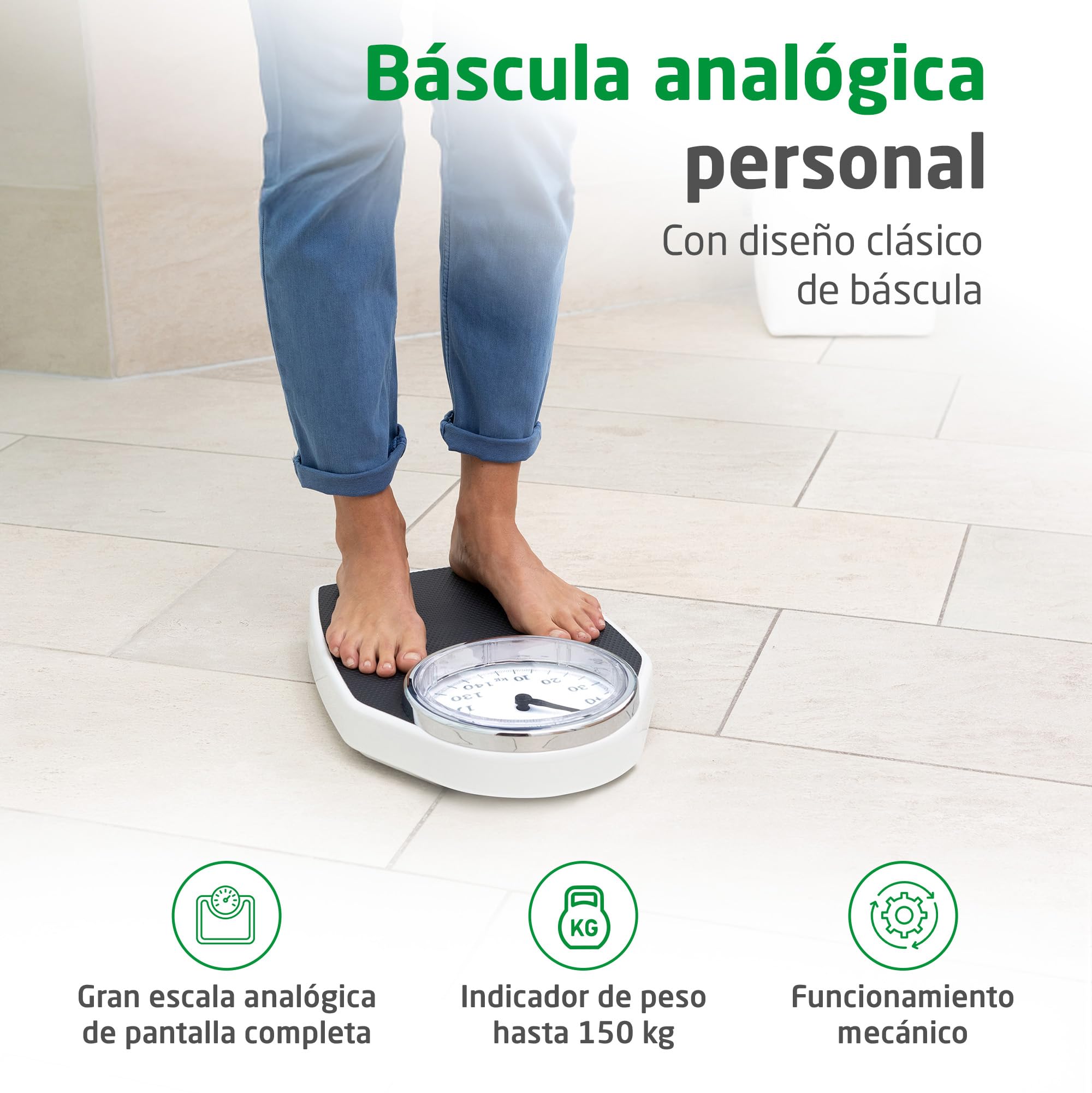 Medisana PSD bascula de baño mecánica, escala personal de hasta 150 kg, báscula analógica, diseño clásico y gran formato en un embalaje fácil abrir con cristal seguro reforzado