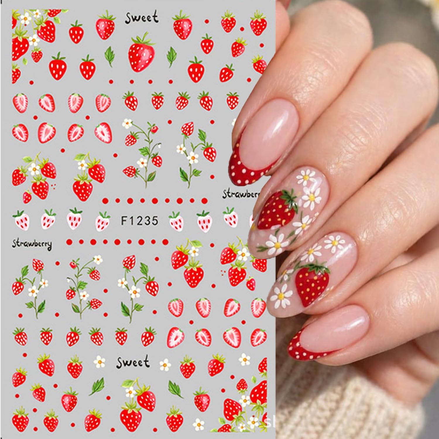 Summer Fruit Nail Art Stickers Strawberry Blueberry Nail Art Decals 3D 6Sheets Lemon Green Orange Self-Adhesive Stickers Fresh Fruit Leaves Nail Designs for Women Nail Supplies Decoration
