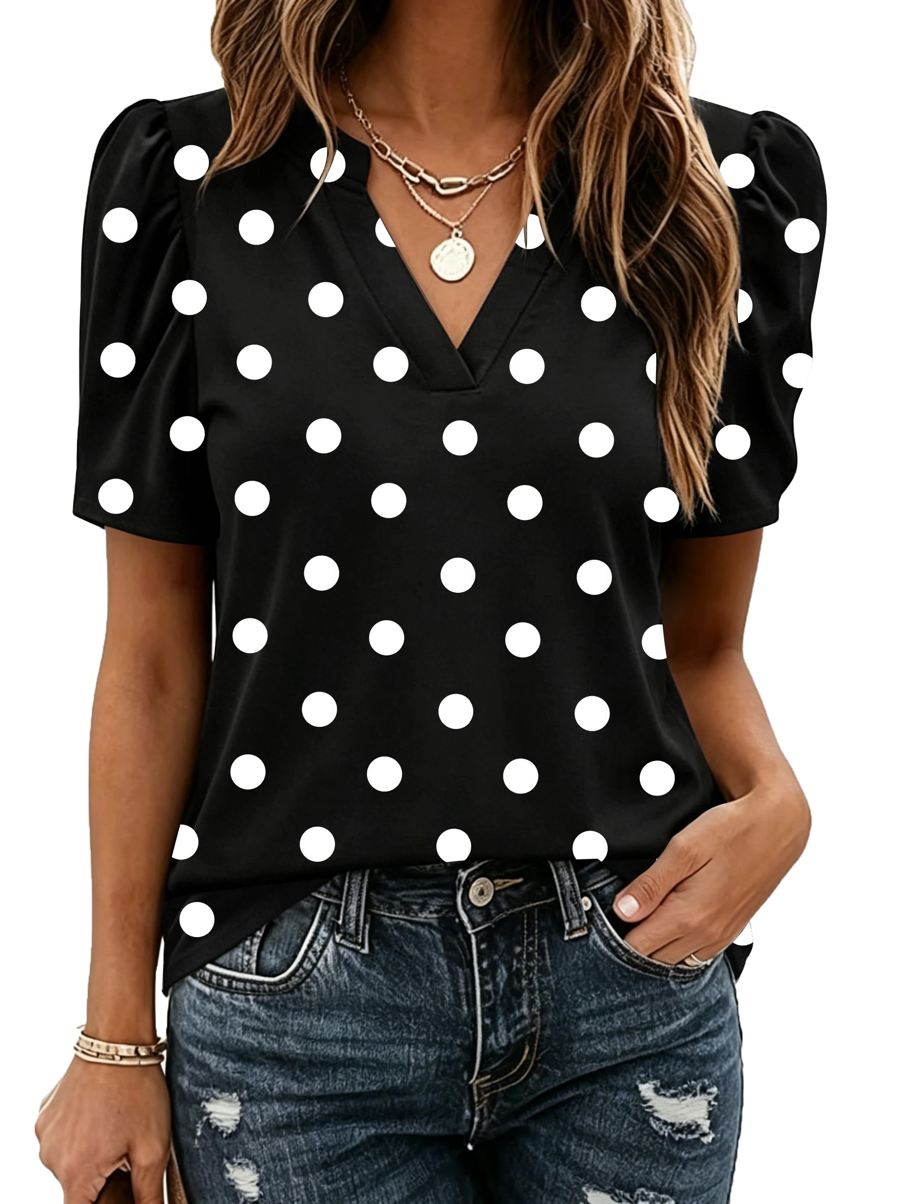 Zeagoo Women Blouses Puff Short Sleeve Tops V Neck Dressy Casual Spring Shirts Boho Floral Cute Clothes 2026