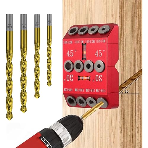 30 45 90 Degree Angle Drill Guide Jig for Hand Drill, Angle Drill Guide for Straight Holes and Angle Drilling, used for Stairs Handrails, Cable Railings, Decks, and Wood Posts Level design，with 4 Bits