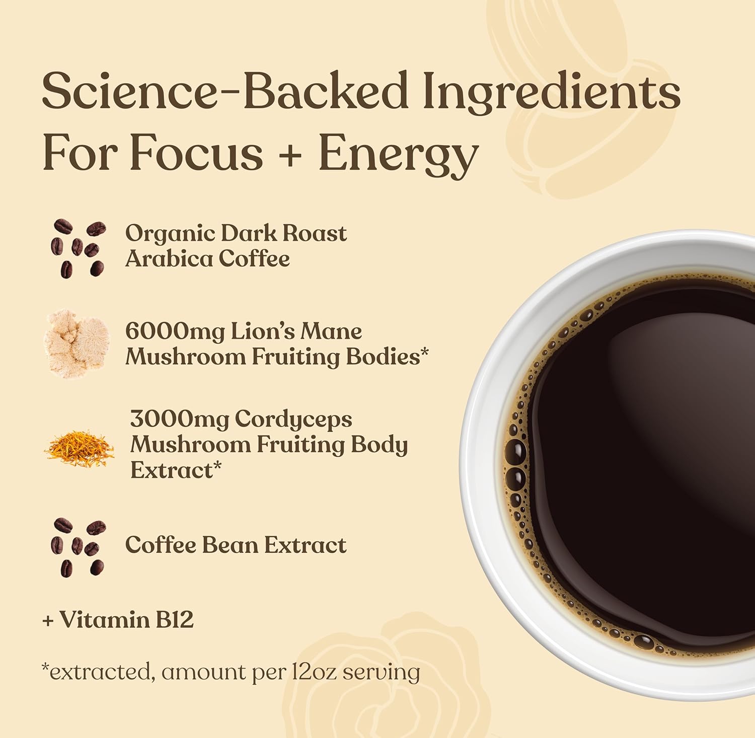 Four Sigmatic Focus Max High Caffeine Cordyceps Coffee | Organic Dark Roast High Caffeine Ground Coffee with Cordyceps, Lion's Mane and B12 | Energy Booster Without the Jitters | 10oz Bag