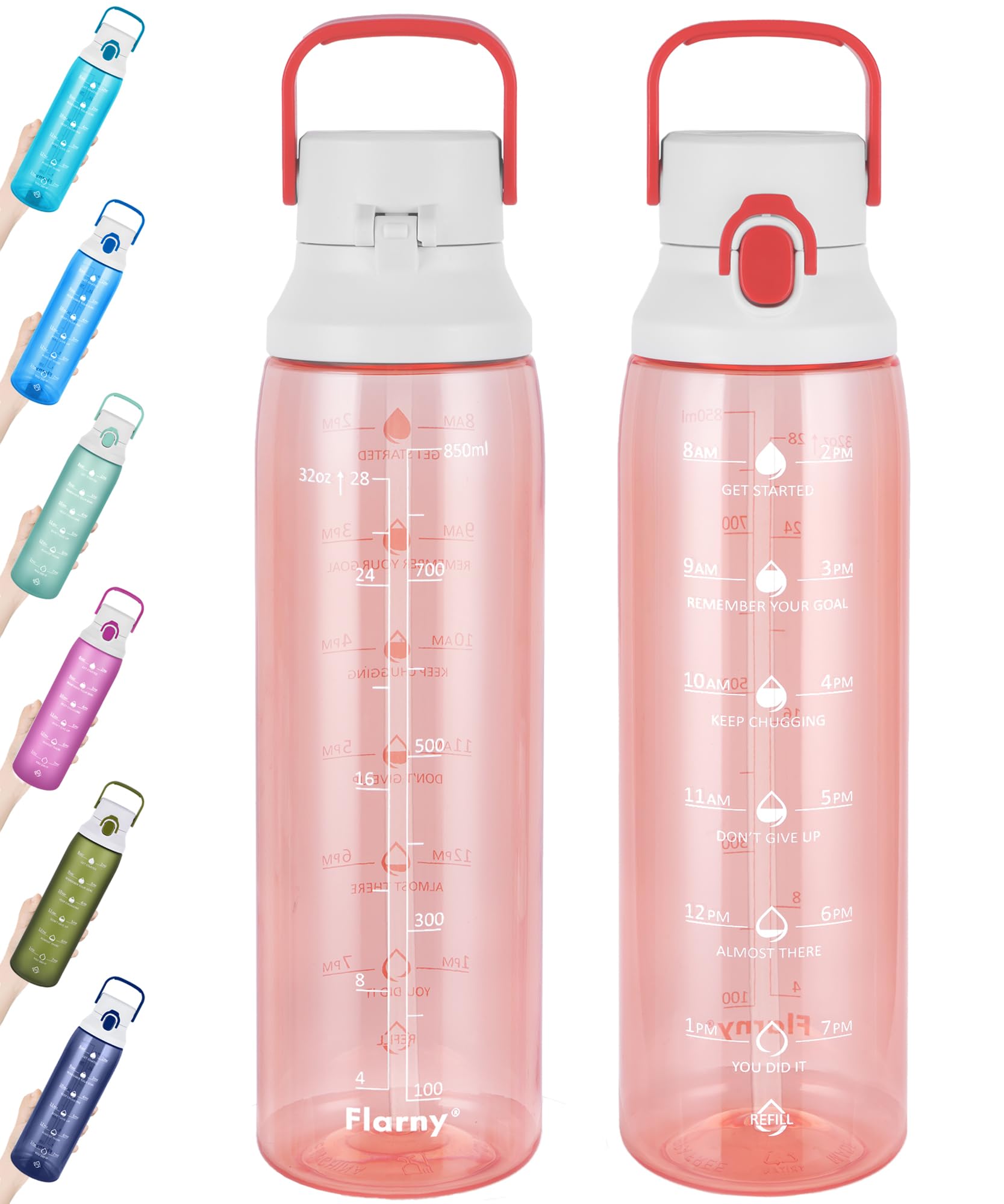 Flarny 32 oz Water Bottle With Straw, Leakproof Non-Toxic BPA Free, Motivational Sports Bottle With Time Marker to Ensure You Keep Hydrated for Fitness, Gym and Yoga (Clear Orange)