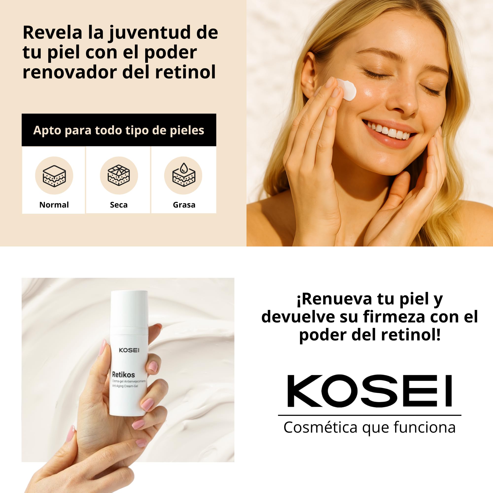 KOSEI | Crema Con Retinol | Reduce los Signos del Envejecimiento | Repara e hidrata piel sensible | Anti-imperfecciones | Crema con retinol para la cara | Retinol 0.3% | 50ml
