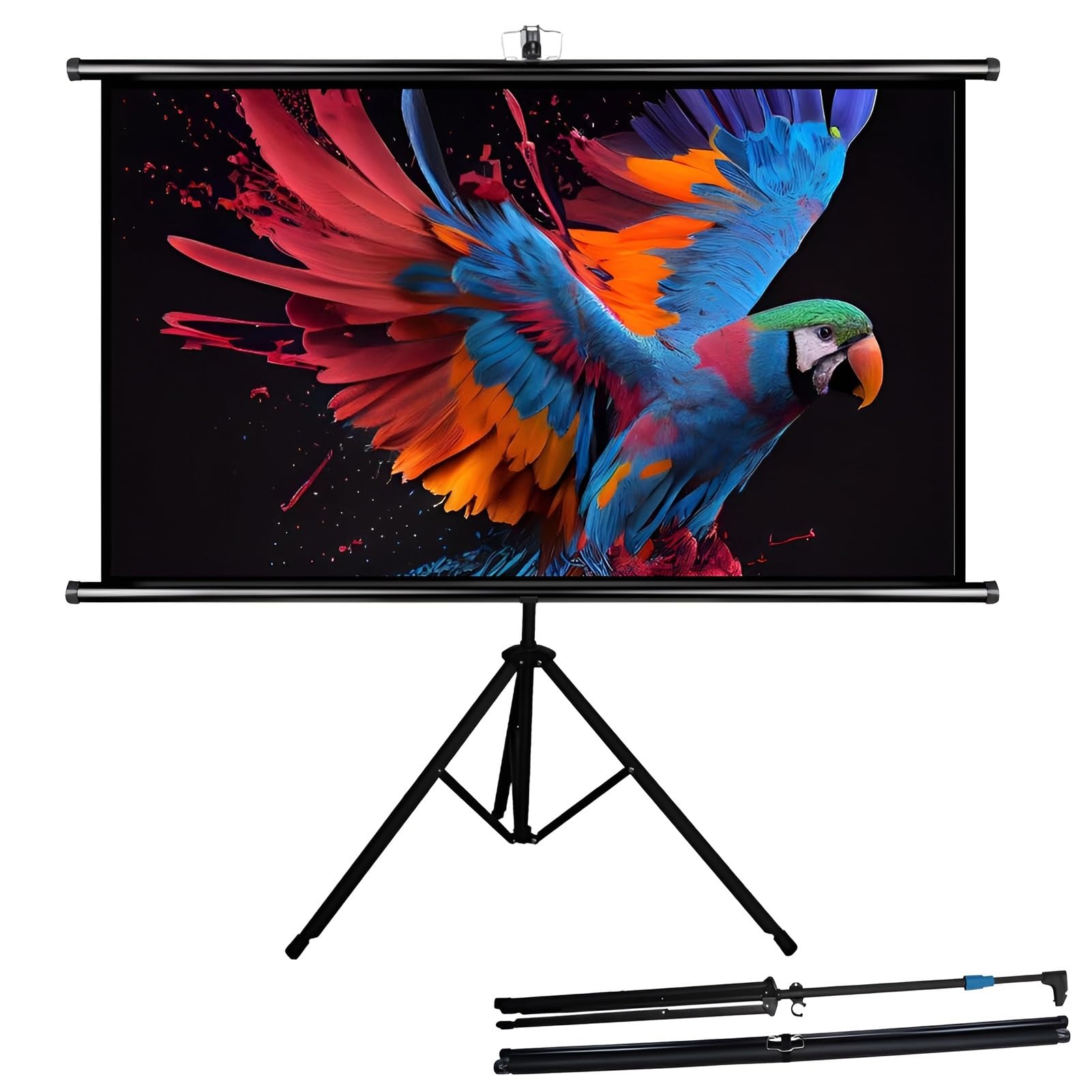Schermo Proiettore con Treppiede, 4K HD Formato 16:9 Telo per Proiettore Leggera e Compatta, Grandangolo di 160 Gradi, per Casa, Home, Cinema, Esterno