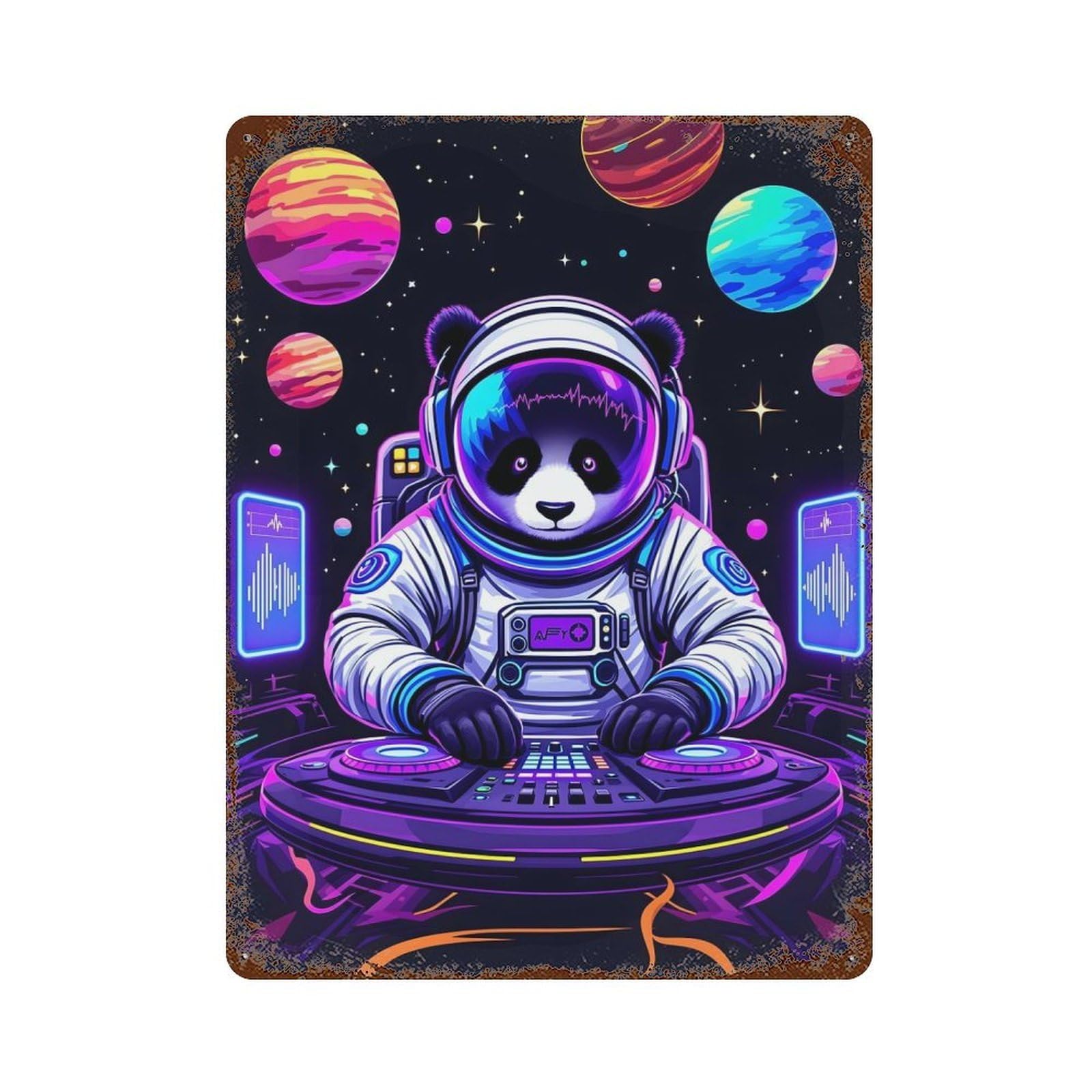 Aged Metal Wall Plaque with Space Panda DJ Design 15.7"x11.8", for Basement, Hobby Room And Garage Decor, Classic Wall Plaque
