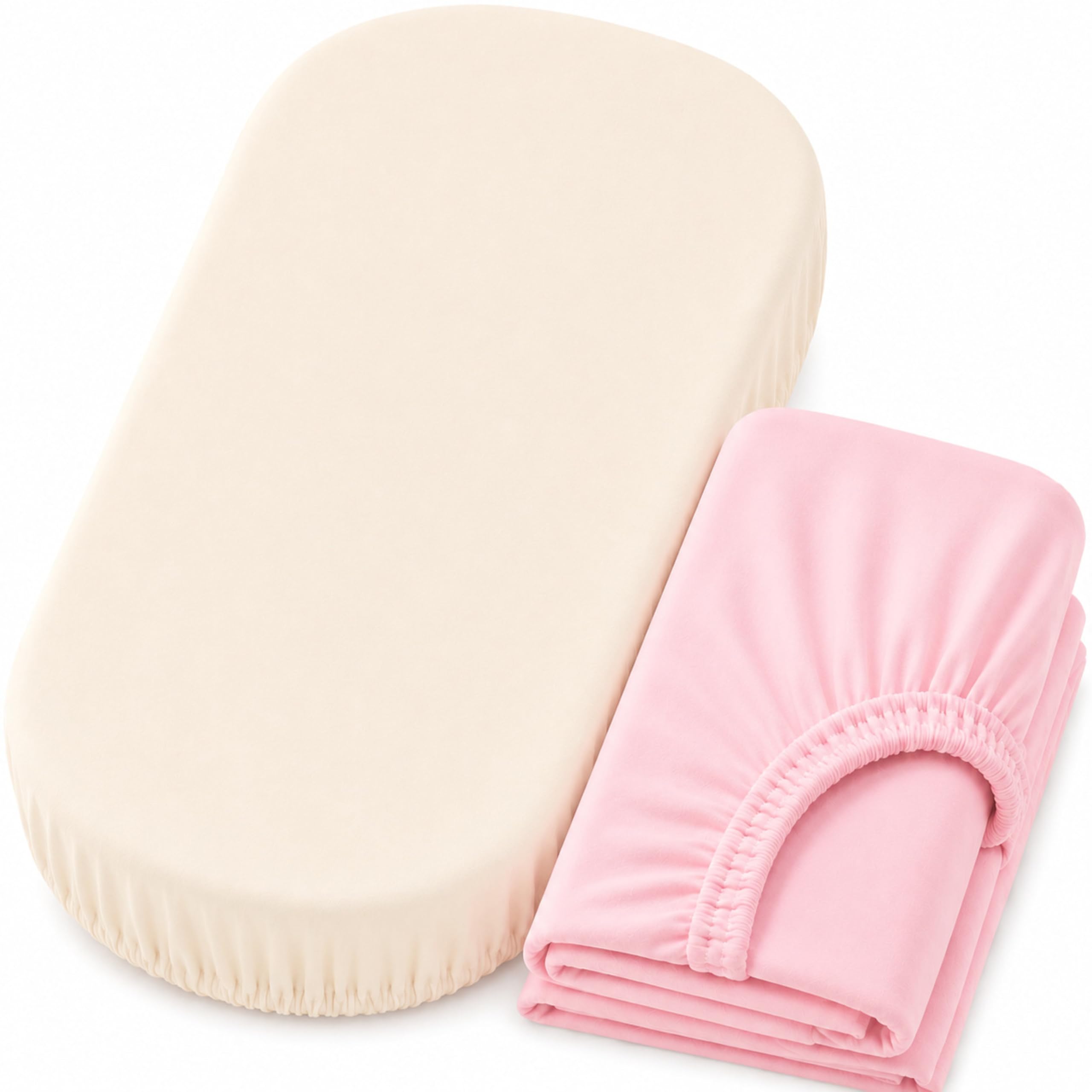 Dudu N Girlie Moses Basket Sheets 74x30cm –Cream & Pink, 2 Pack, 100% Jersey Cotton Fitted Bedding for Carrycots & Prams