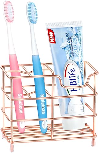 HBlife Soporte pequeño para cepillos de dientes para baño, 5 ranuras oro rosa acero inoxidable accesorios organizador para espacios pequeños