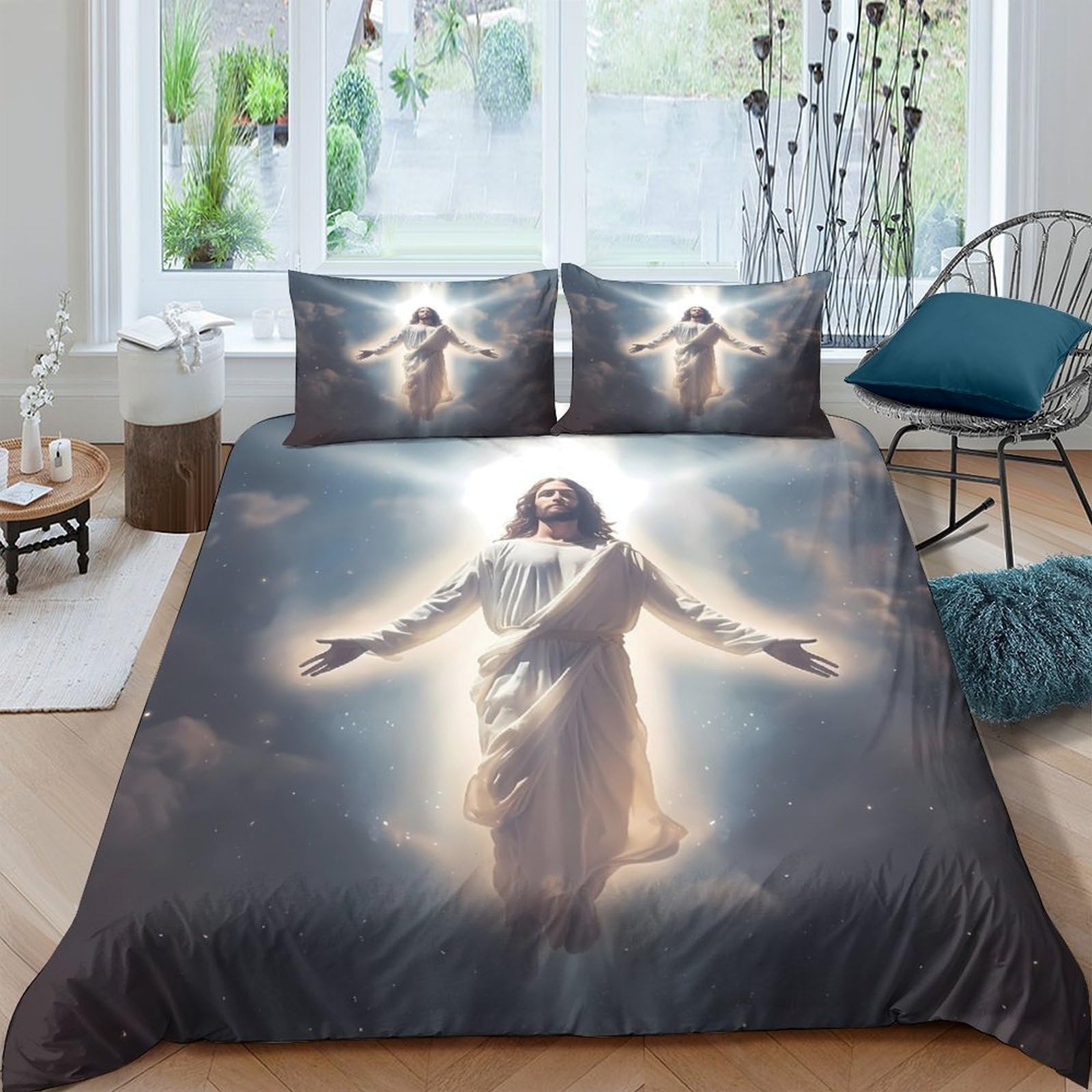 GPLZQXKJNH 3D Printed Holy Light Jesus Duvet Cover Microfiber Soft Breathable Resurrection Bedding Set with 2 Pillowcases for Bedroom Decor Single（135x200cm）