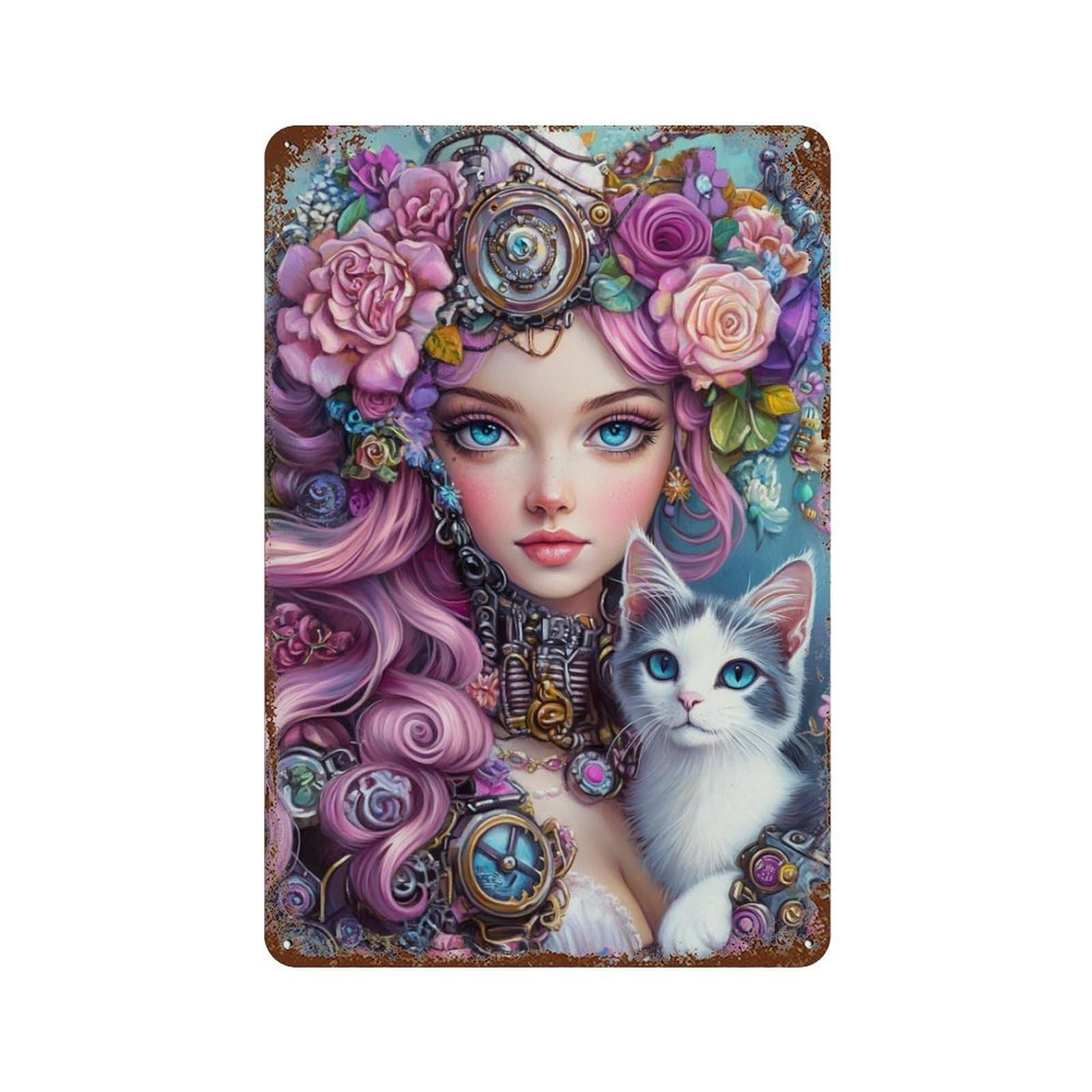 Garage Style Steampunk Floral Fantasy Rust Effect Tin Sign 11.8"x7.9", Classic Wall Plaque for Bar And Workshop
