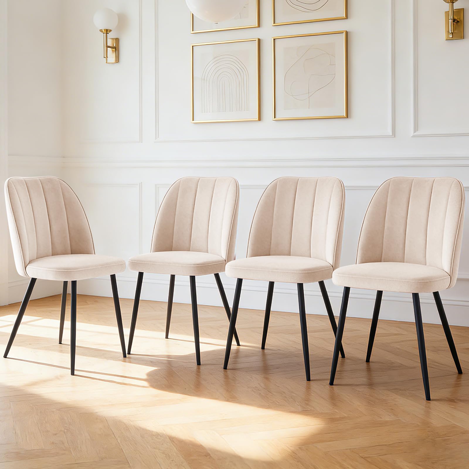 ZOONFA Velvet Dining Chairs Set of 4 Upholstered Padded Seat with Curved Tufted Back Accent Chair for Kitchen Living Room Office （Beige）