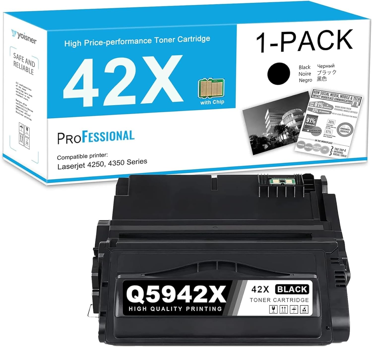 42X High Yield Black Toner Cartridge Q5942X 1-Pack with Chip Replacement for HP 42X Q5942X 42A Q5942A Toner Laser 4240n 4250 4250n 4250tn 4250dtn 4250dtnsl 4350 4350n 4350tn 4350dtn 4350dtnsl Printer