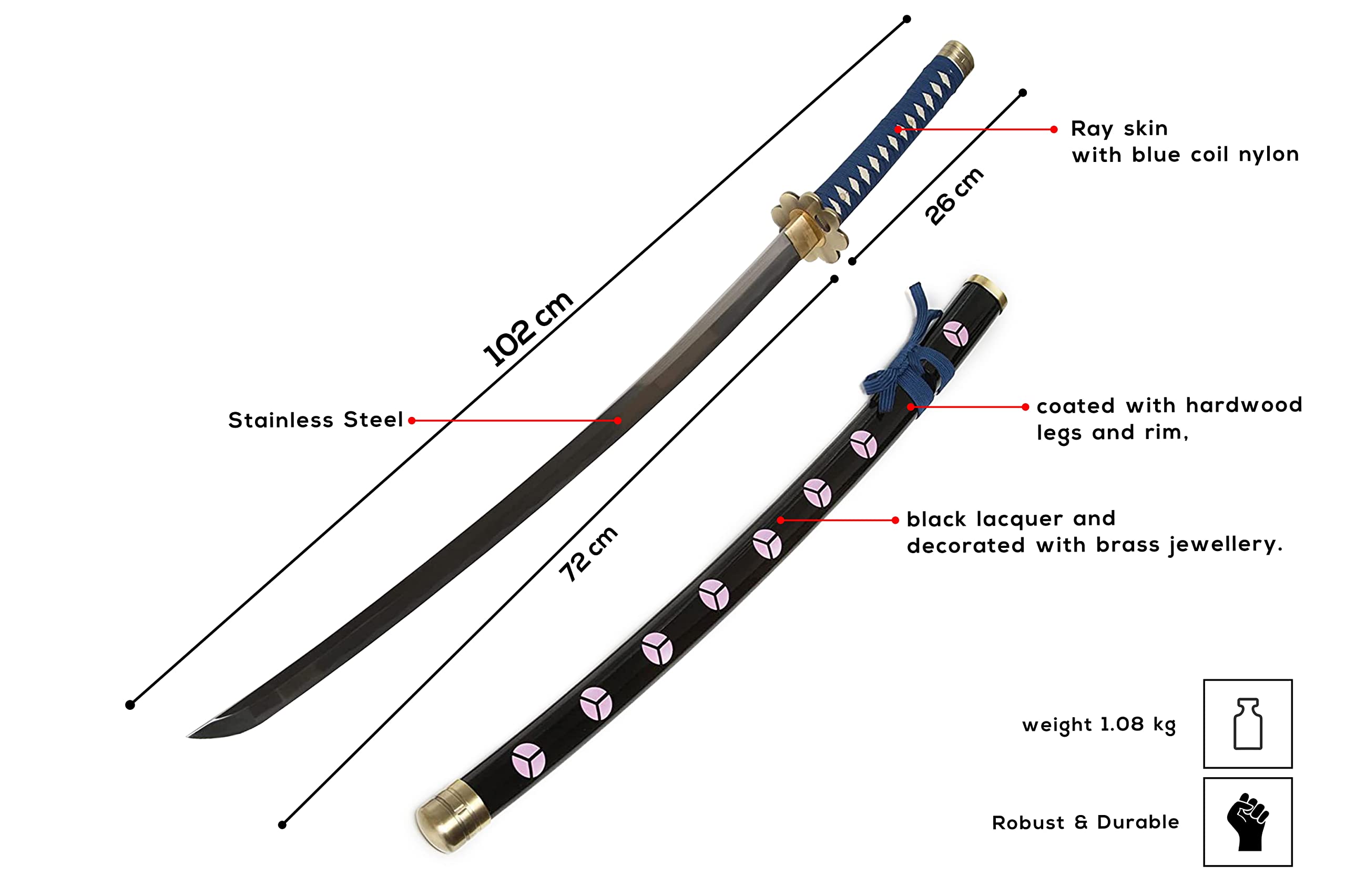 Swords and more One Piece - Roronoa Zoro Katana - gefaltet - Set, Shusui Schwert, Samurai Schwerter scharf echt, handgeschmiedeter Edelstahl mit Scheide, Schwertpflegeset für Zoro Cosplay One Piece