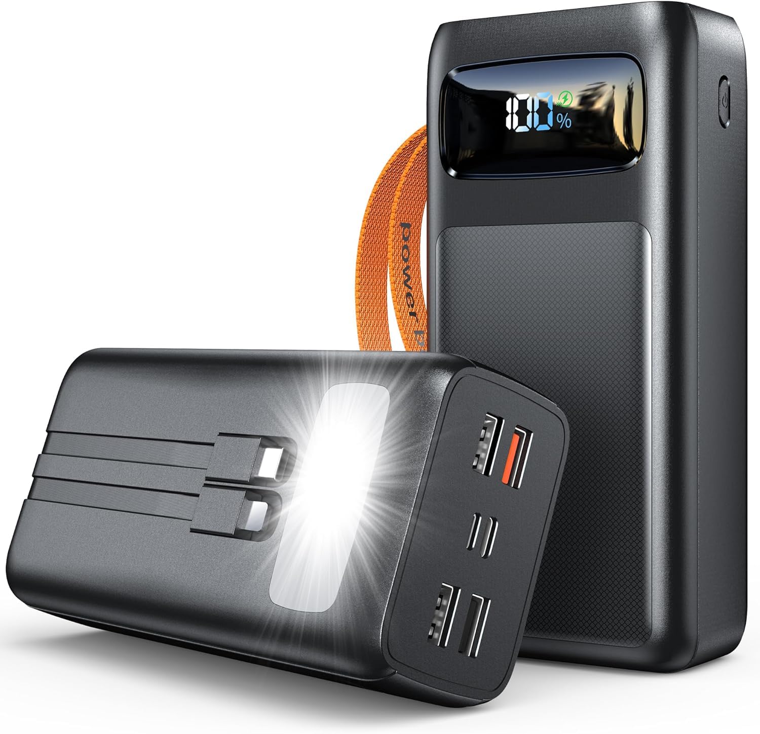 50 000mAh Power Bank with 35W PD Fast Charging 8-Port Portable Charger High Capacity Battery Pack Built-in Cables