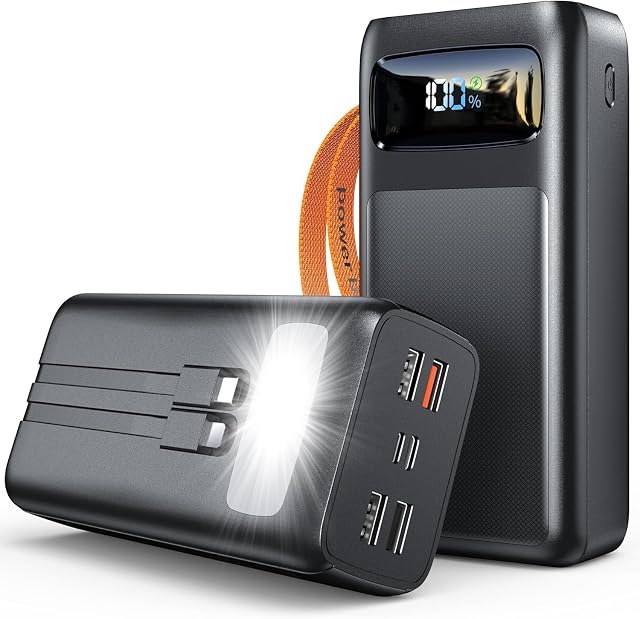 50 000mAh Power Bank with 35W PD Fast Charging 8-Port Portable Charger High Capacity Battery Pack Built-in Cables