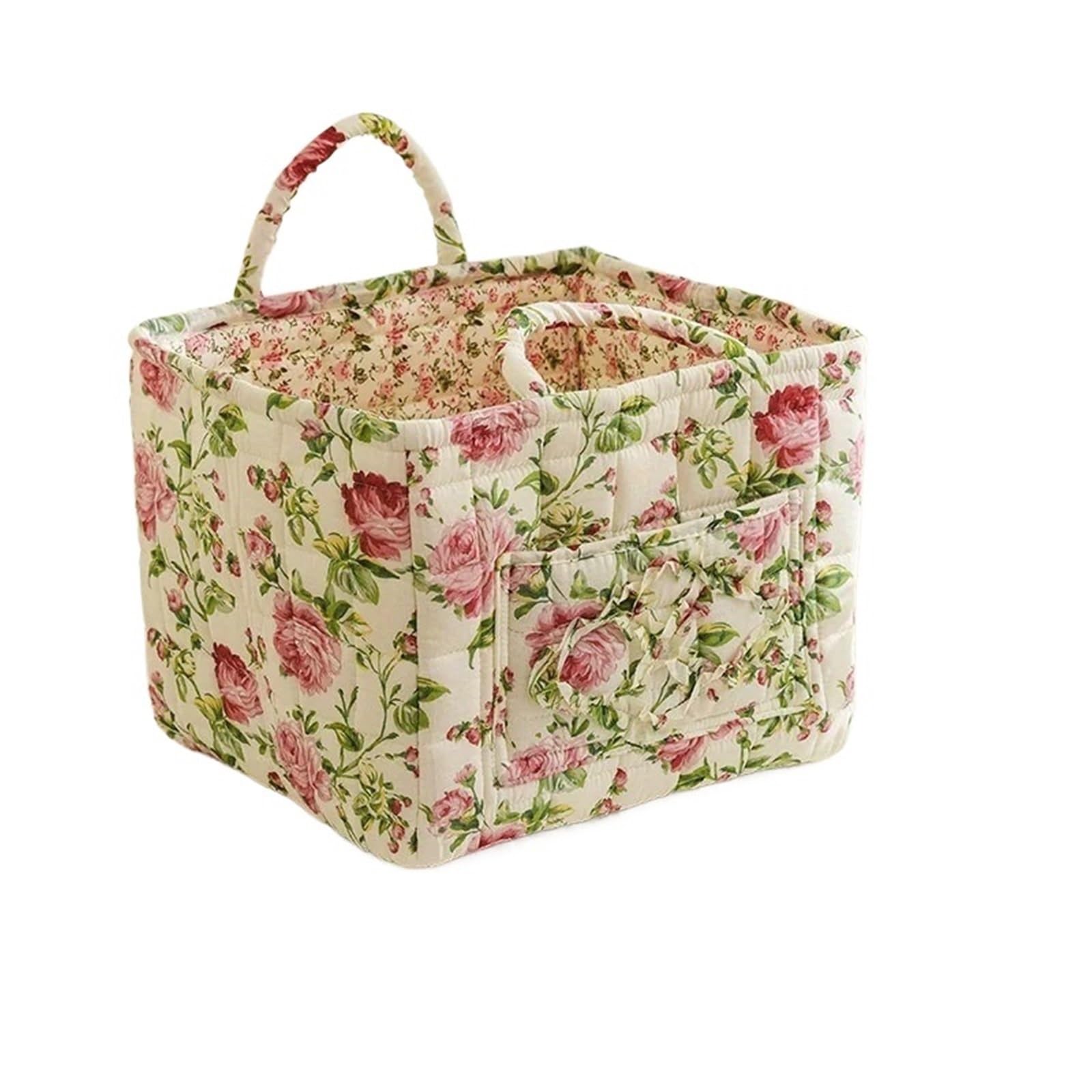 SUBLXPoten Foldable Floral Organizer Bin Floral Fabric Storage Bins with Handles, Folding Desktop Basket, Multi-Compartment Organizer for Clothes, Underwear & Decor