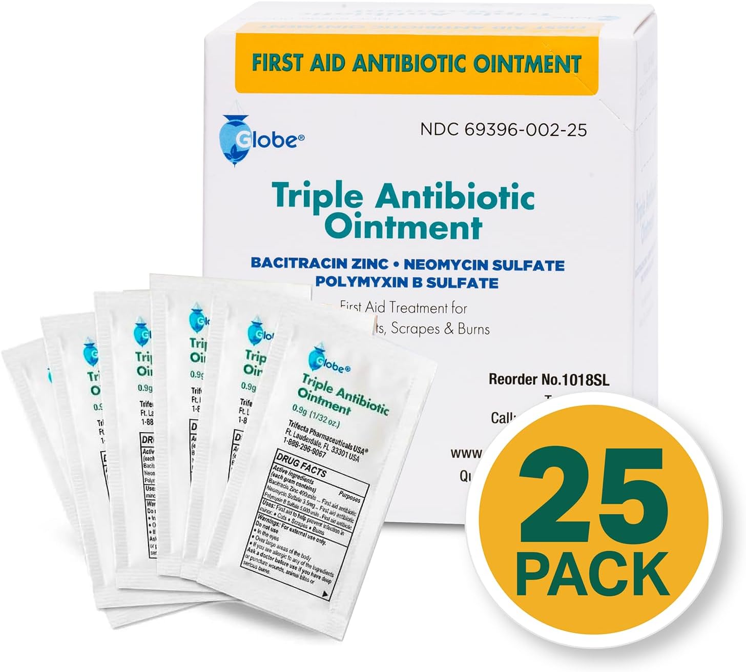 Globe (25 Pack Triple Antibiotic Ointment Single Packet, First Aid Kit for Minor Scratches, Wounds, Cuts, and Burns, Prevents Infection, Active Ingredients Compare to Leading Brand, Travel Size, 0.9g