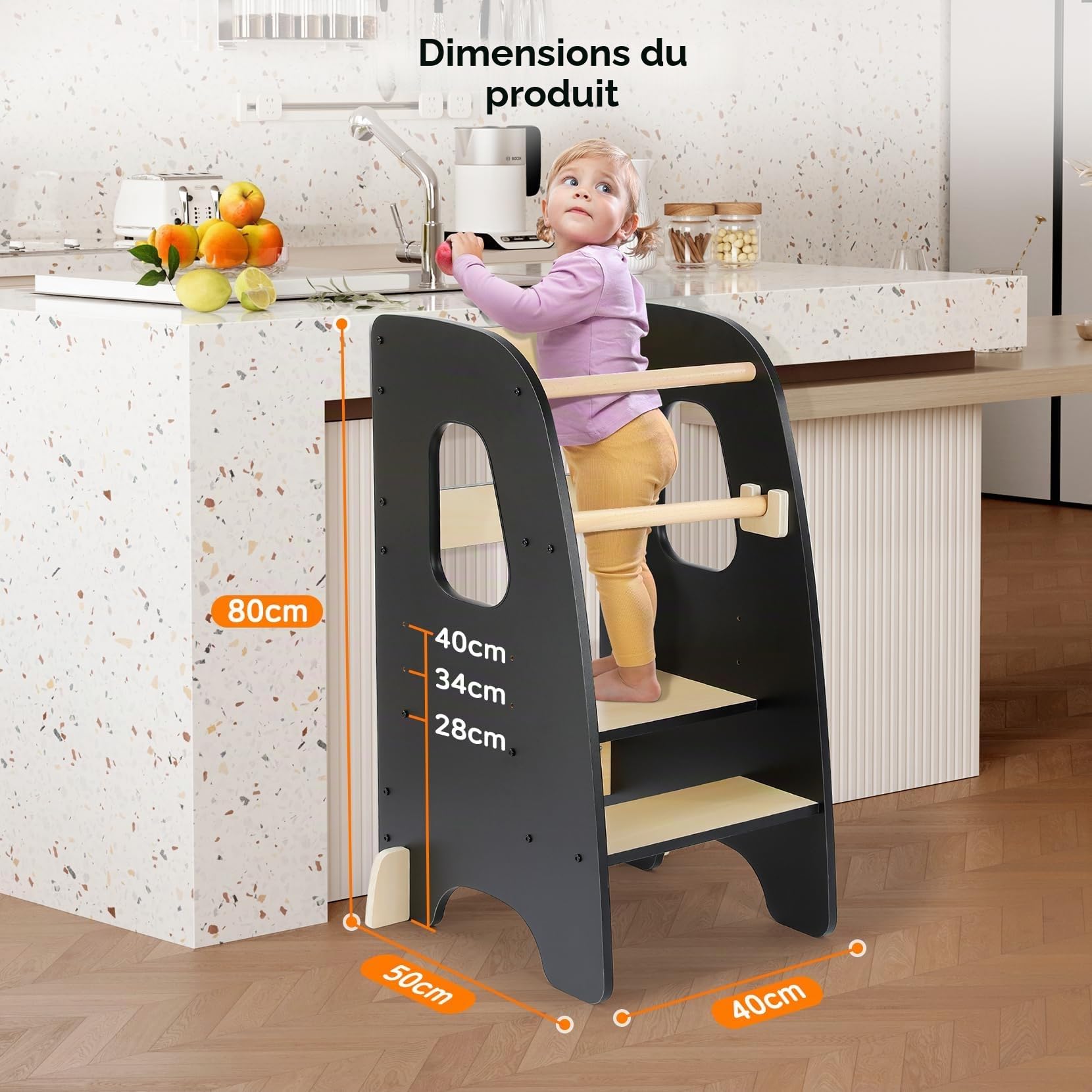 Ezebaby Tour d'apprentissage pour Enfants, Tour d'apprentissage 3 Hauteurs Réglables, Tour d'observation Enfant Montessori, Tour Eveil Bébé en Bois (Noir)