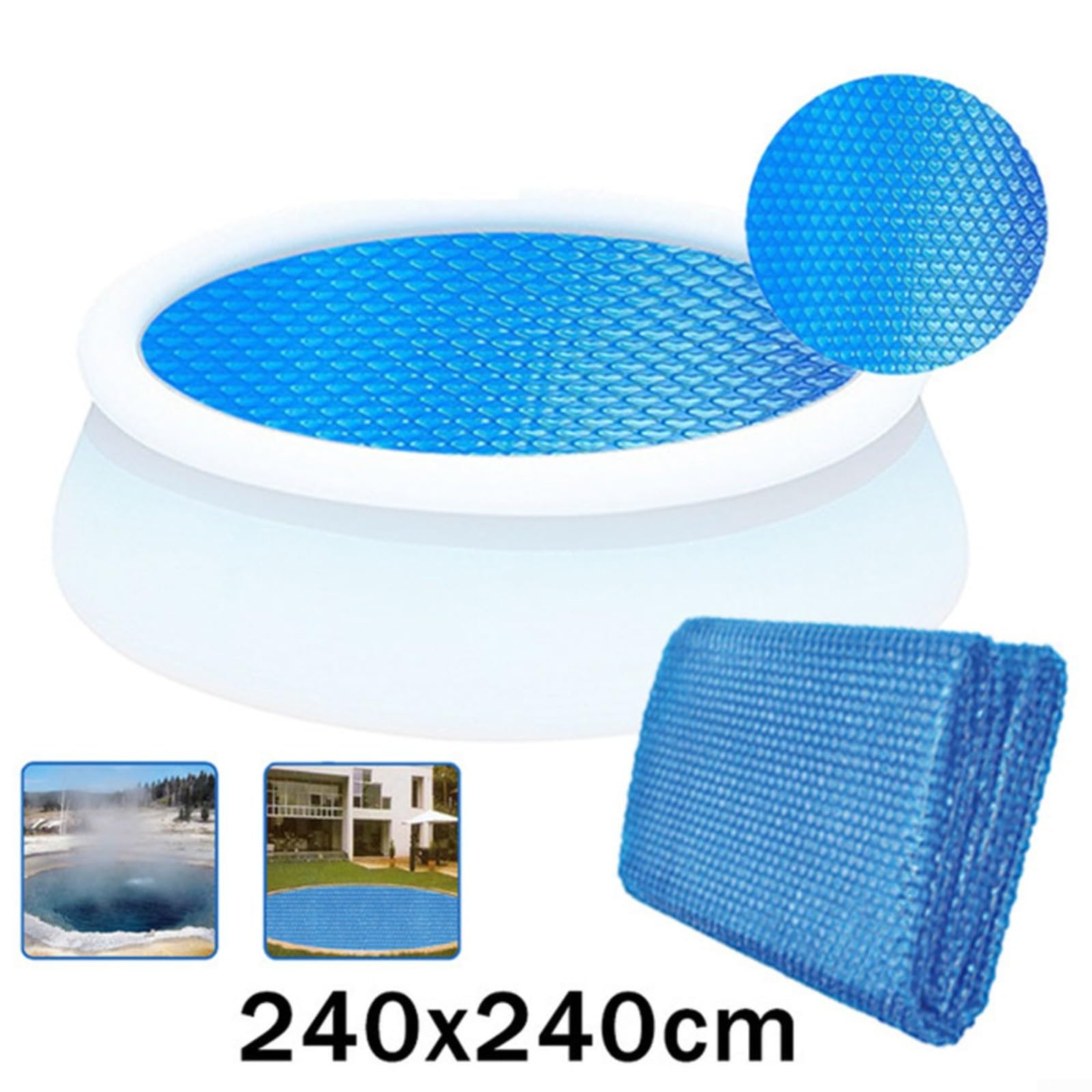 1 cubierta de manta solar redonda para piscina sobre el suelo, película de burbujas de polietileno, retención de calor y protección contra escombros, azul 300 cm, jardín al aire libre para uso de ocio