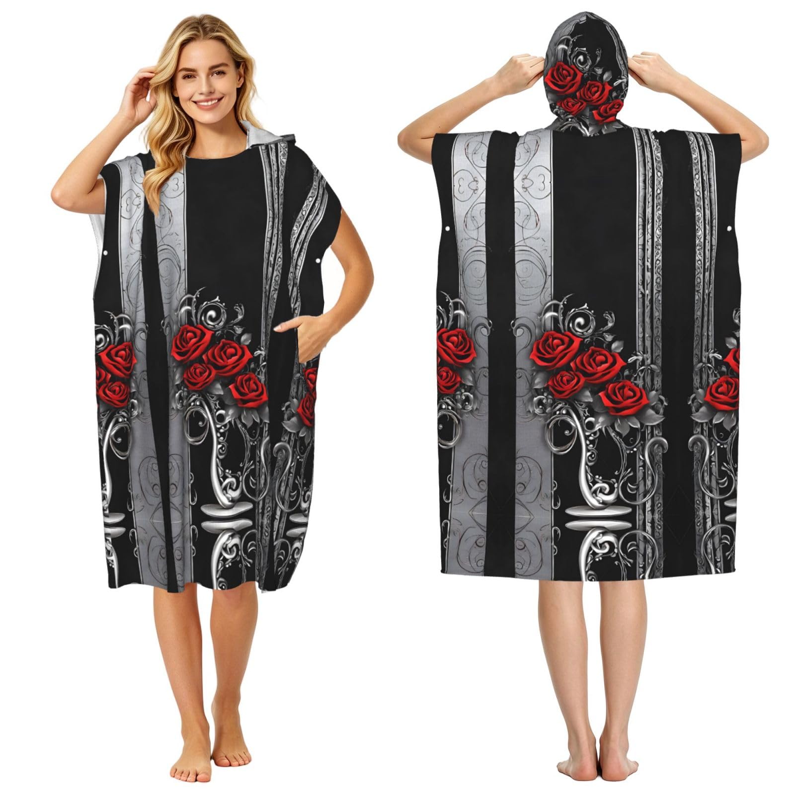 EZDLOWVBA Pretty Roses Print Hooded Poncho Microfiber Beach Towel,Adult Women & Men Changing Robe,Lightweight Summer Surf Swim Bath Poncho Towel
