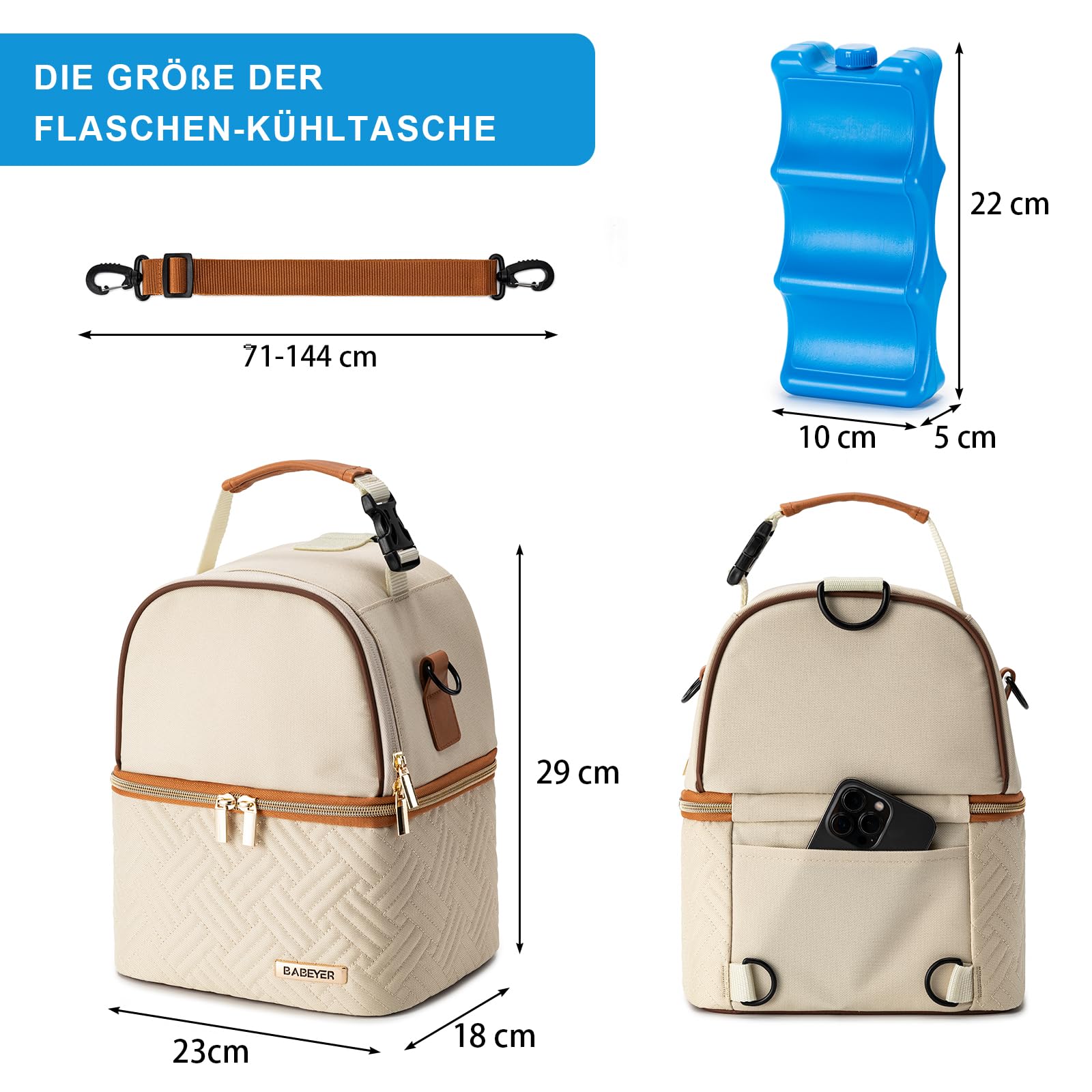 Muttermilch-Kühltasche mit Kühlakku für 6 Babyflaschen bis 270ml, Muttermilchpumpen-Kühltasche mit Schultergurt für stillende Mütter Kindertagesstätte, Arbeit, Reisecreme