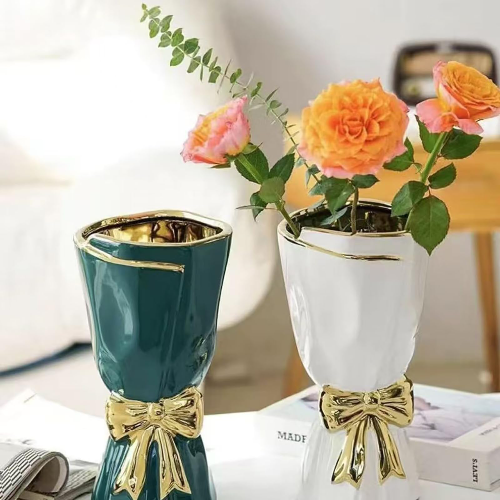 Vase élégance Céramique Blanc Et Doré Pour Déco 27 X 9 X 47 Cm Blanc Dore 91844152