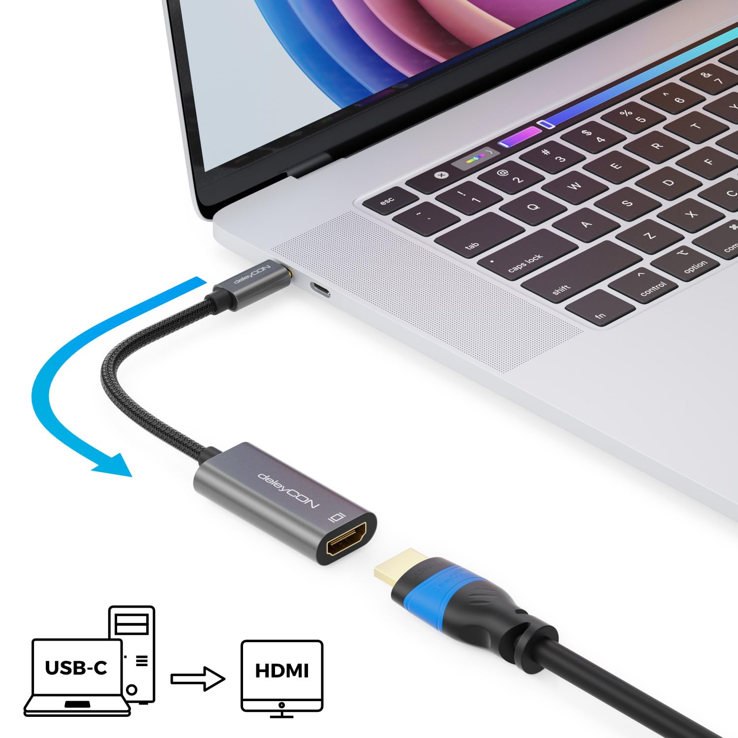 DeleyCON Cavo USB-C A HDMI 2m 4K@60Hz - Adattatore In Alluminio Per Monitor/TV, Compatibile IPhone 16/15, Samsung S24, IPad Pro - 5