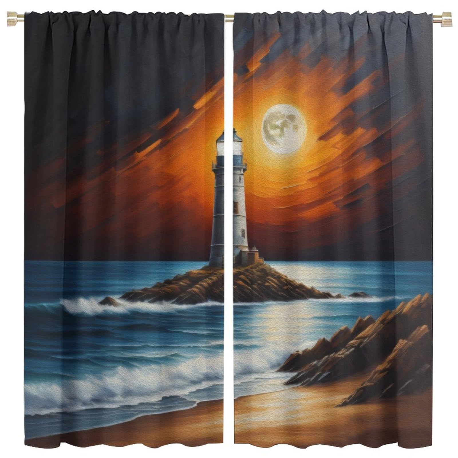 Lightinghouse Curtain Waves and Sunset Island Blackout Print Rod Pocket Window Drapes for Bedroom Living Room 84x84in