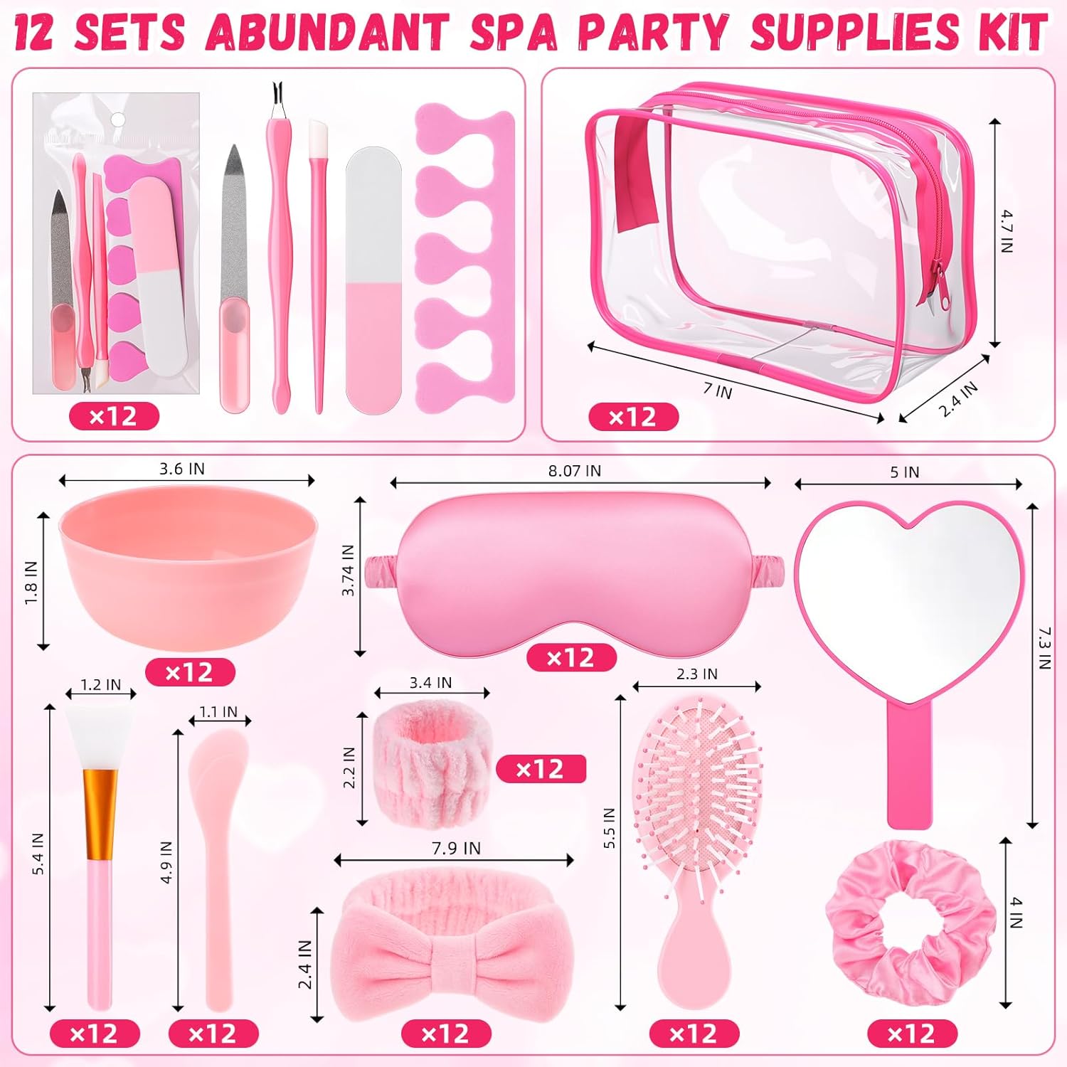 Geelin 132 Pcs/12 Set Spa Sleepover Party Favor Supplies Pink Cosmetic Bags with Heart Mirror Bow Headband Satin Hair Scrunchies Facial Mask Bowl Tool Kit Eye Mask Comb for Women Bridesmaid Gifts