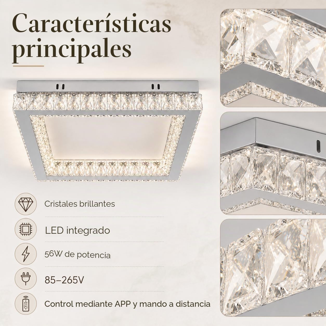 Finktonglan Plafón LED de cristal K9 cuadrado 45×45 cm, 2×28 W regulable 3000–6500 K con mando/APP, semiempotrado de perfil bajo en acero inoxidable para salón, dormitorio y comedor