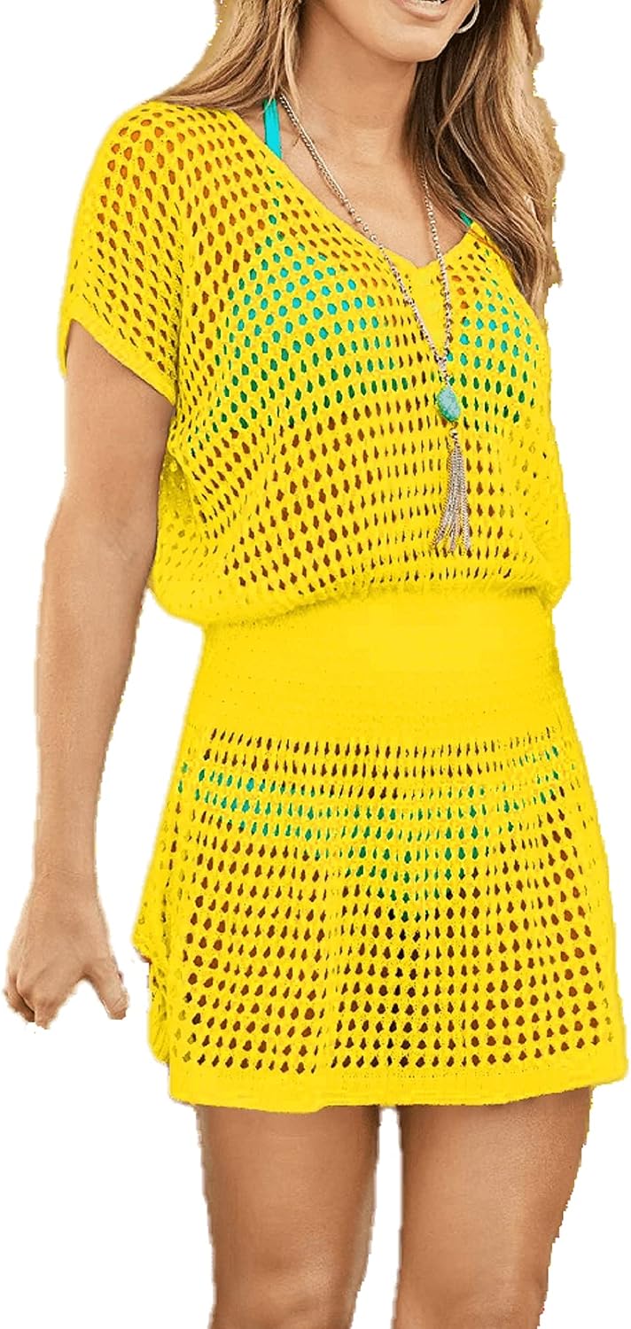 Wander Agio Womens Beach Tops Sexy Knit Cover Dresses Bikini Cover-ups Nets Short Skirt