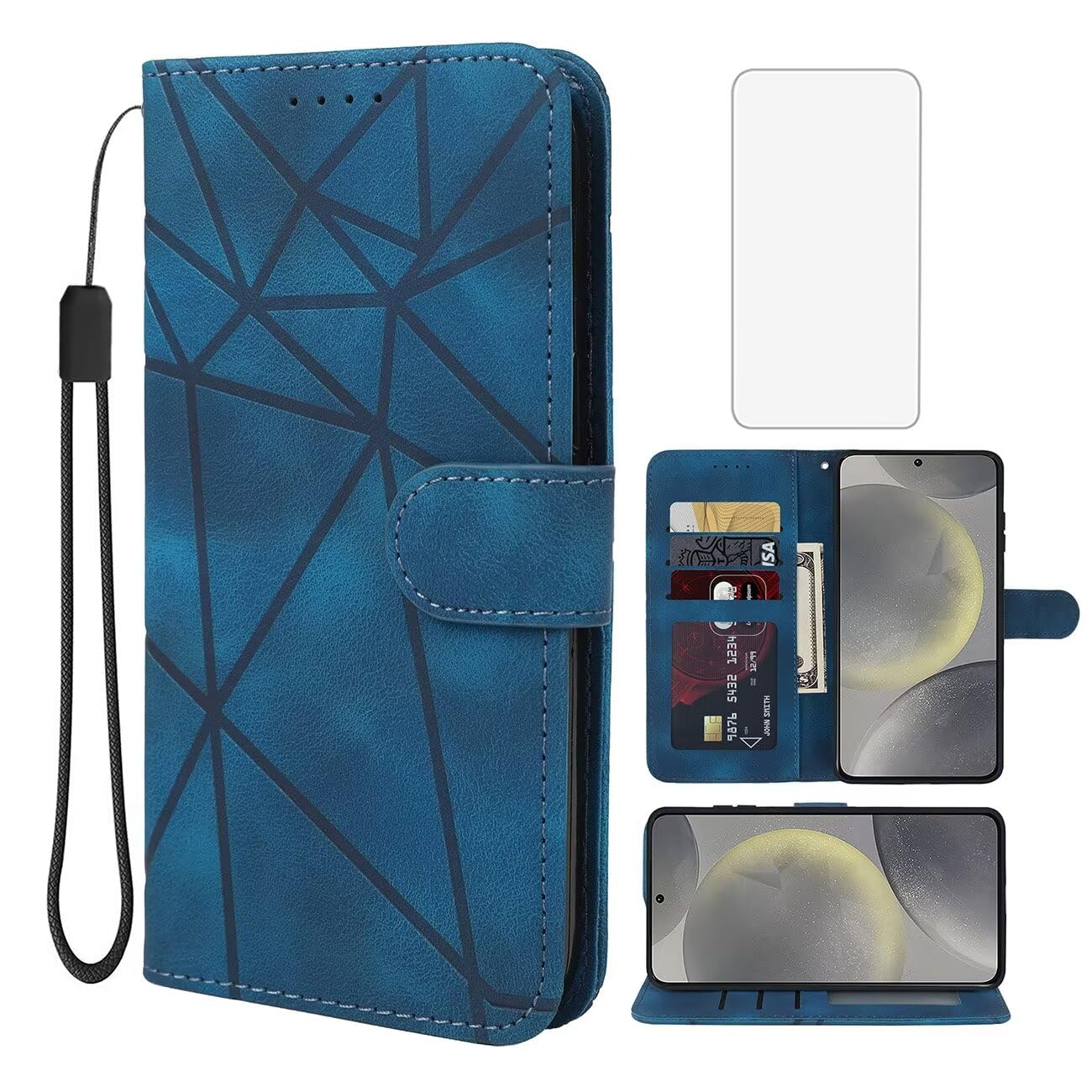 Wanyuexes Case for Galaxy S24 Case, Samsung S24 5G SM-S921U Wallet Case with Tempered Glass Screen Protector, Skin Feel PU Leather Flip Credit Card Holder Stand Phone Cover for Samsung Galaxy S24 Blue