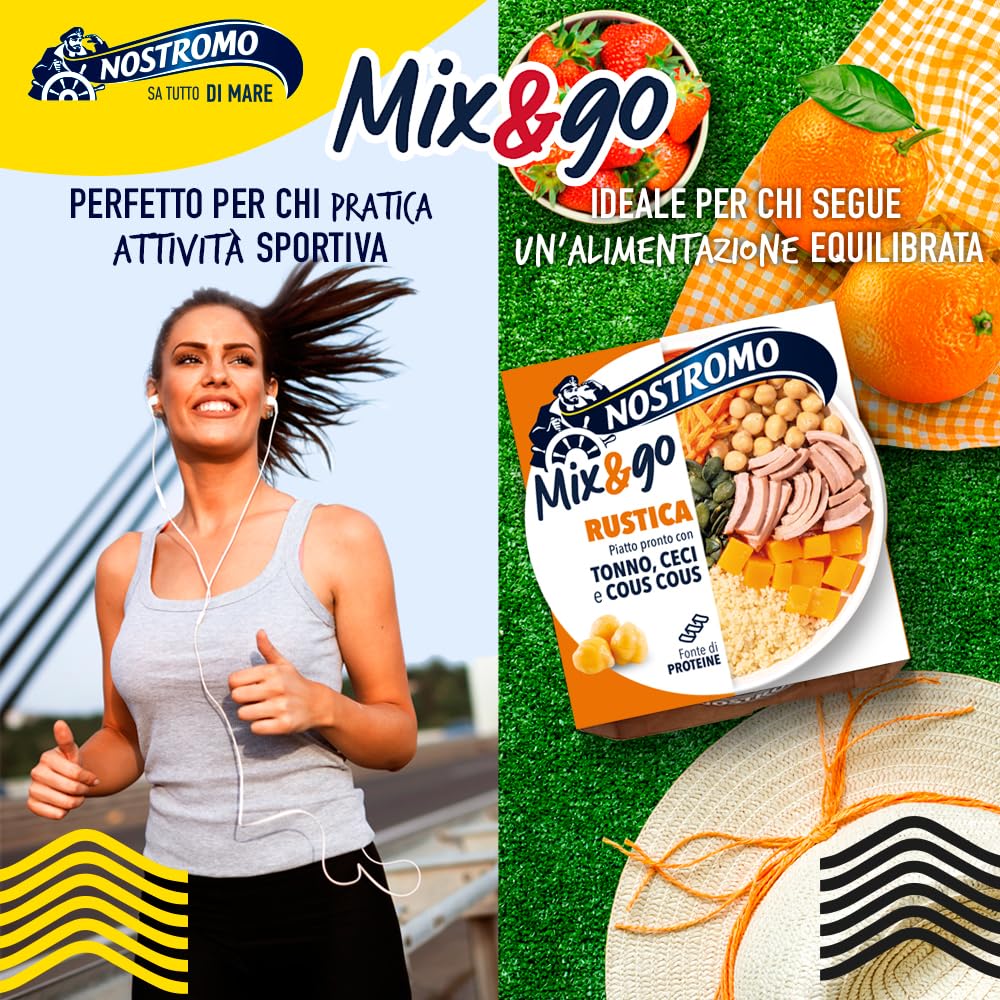 Nostromo Mix&Go Rustico - Piatto Pronto con Tonno, Ceci, Cous Cous - Gusto Mediterraneo e Veloce - Confezione da 12x190g
