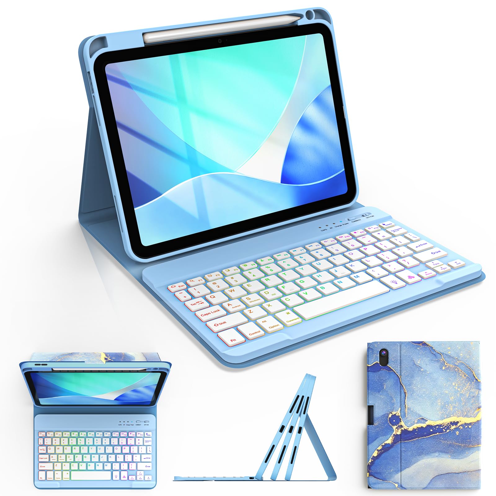 Funda con Teclado para iPad A16 11ª Generación 2025 y 10ª Generación 2022 | Teclado Bluetooth magnético desmontable con Español, Diseño Mármol,Diseño Mármol, RGB de 7 Colores, Para iPad 11ª Generación Global Recycled Standard Global Recycled Standard Global Recycled Standard
