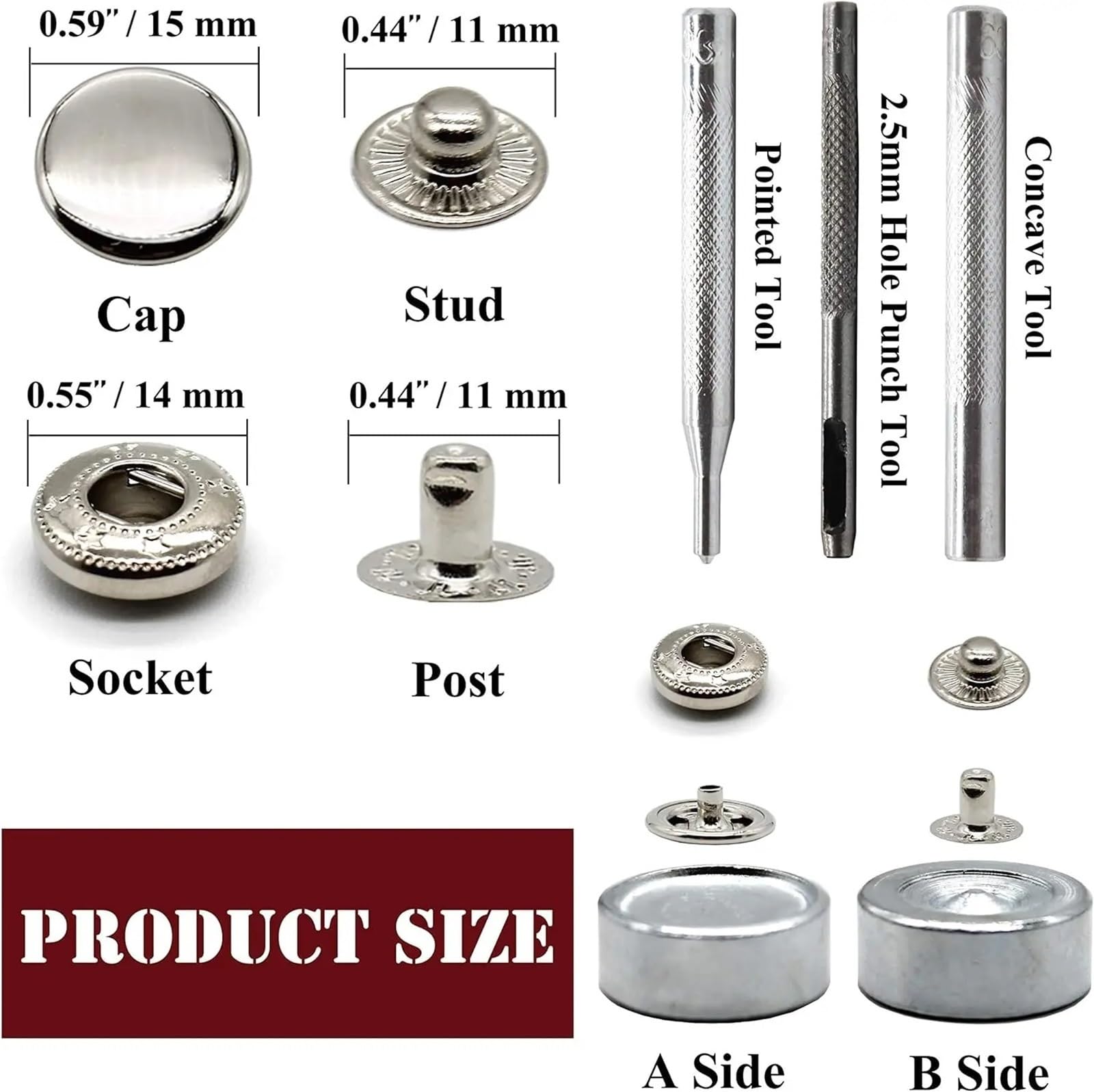 Zapięcia zatrzaskowe, 50 zestawów Zestaw mosiężnych, wytrzymałych, skórzanych zatrzasków, 15 mm metalowe guziki Nity i zatrzaski